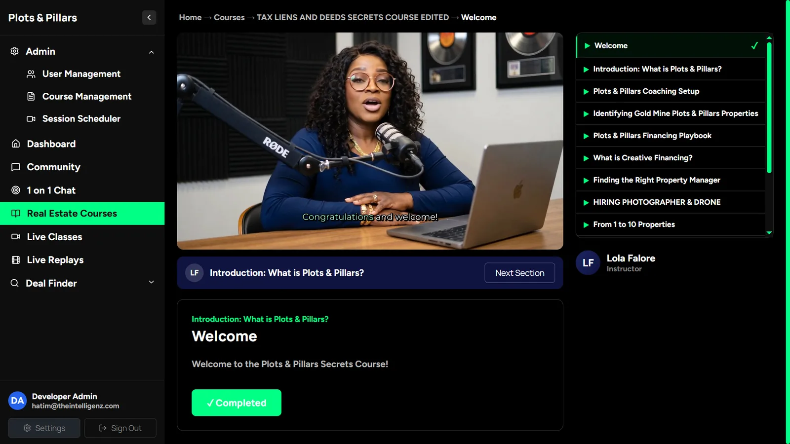 Lesson player with the course outline and completed lessons
